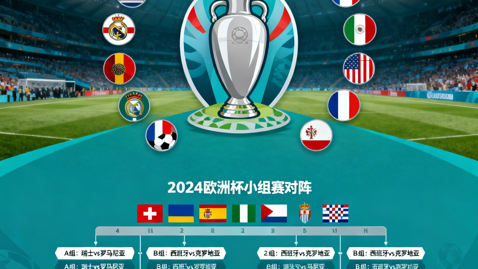 2024欧洲杯专题页面设计图，以赛事主视觉色为基调，展示24支参赛球队的国旗图标和小组赛对阵表，中央为冠军奖杯图案